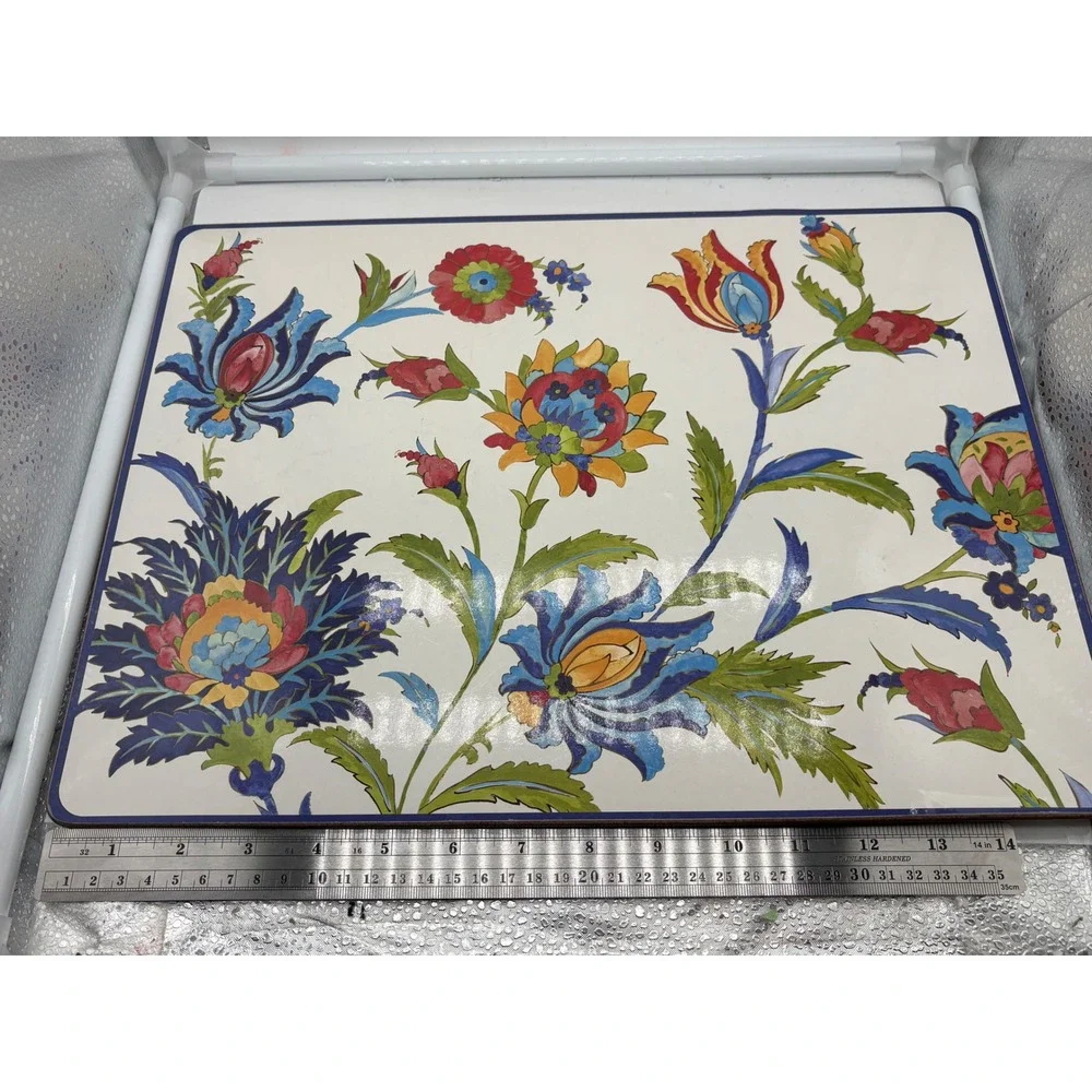 Williams Sonoma Iznik Floral Hardmat Placemats Blue Red Yellow Cork Back Set 2